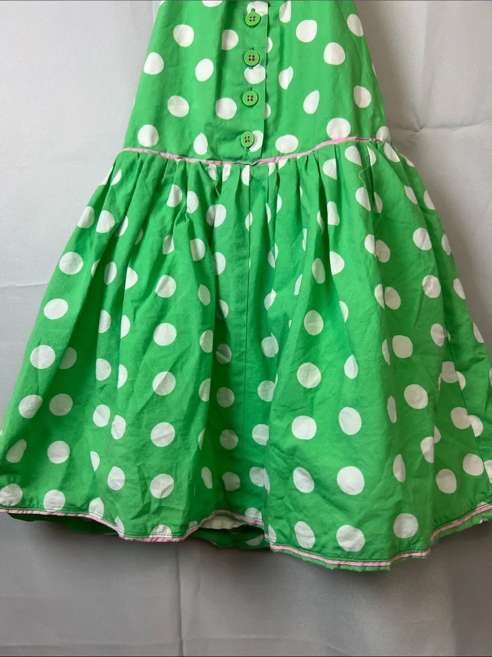Mini Boden green and white polkadot smocked back halter dress Peter Pan collar